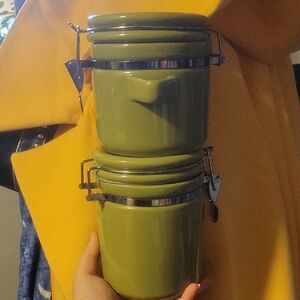 Olive Green Ceramic Canisters with Metal Clasps - Rubber Ring Missing From One
